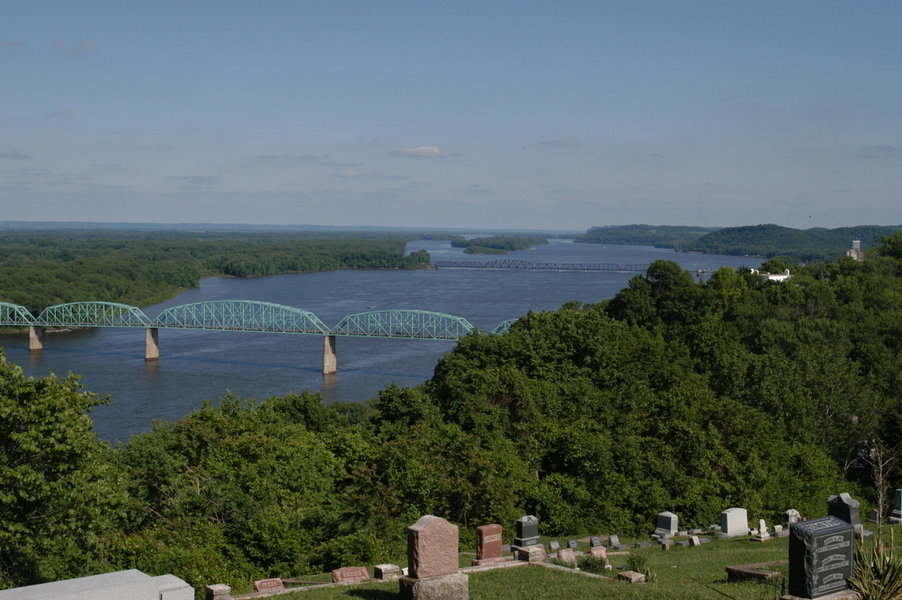 Louisiana, MO: Mississippi River, US 54 bridge and B & O railroad bridge from Riverview Cemetary