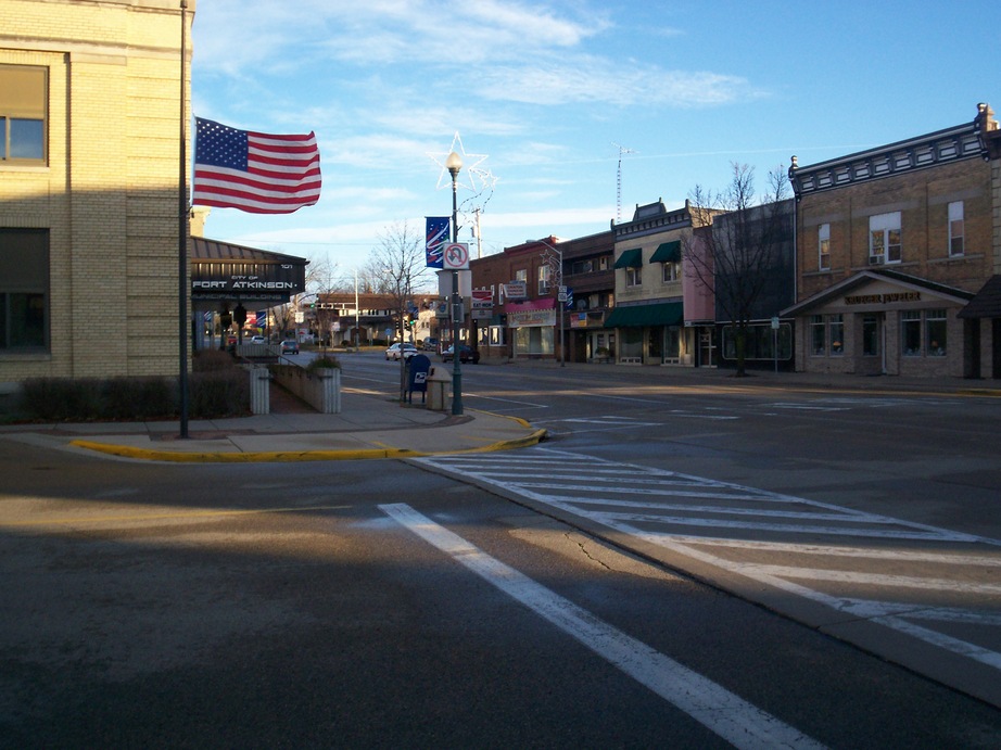 Fort Atkinson, WI: Main Street on an early quiet Sunday morning just before Christmas