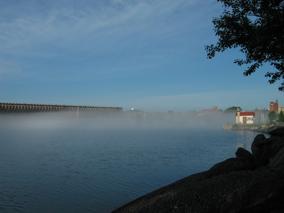Marquette, MI: A summer morning at Marquette's Lower Harbor, a whisp of fog.