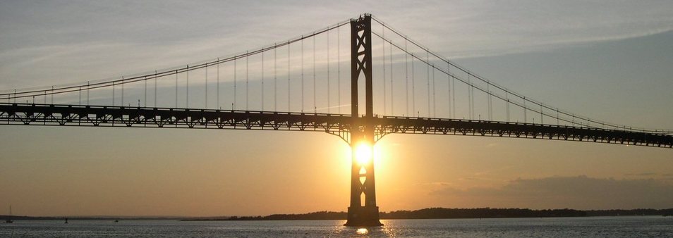 Bristol, RI: Sunset on Mount Hope Bridge, Bristol, RI