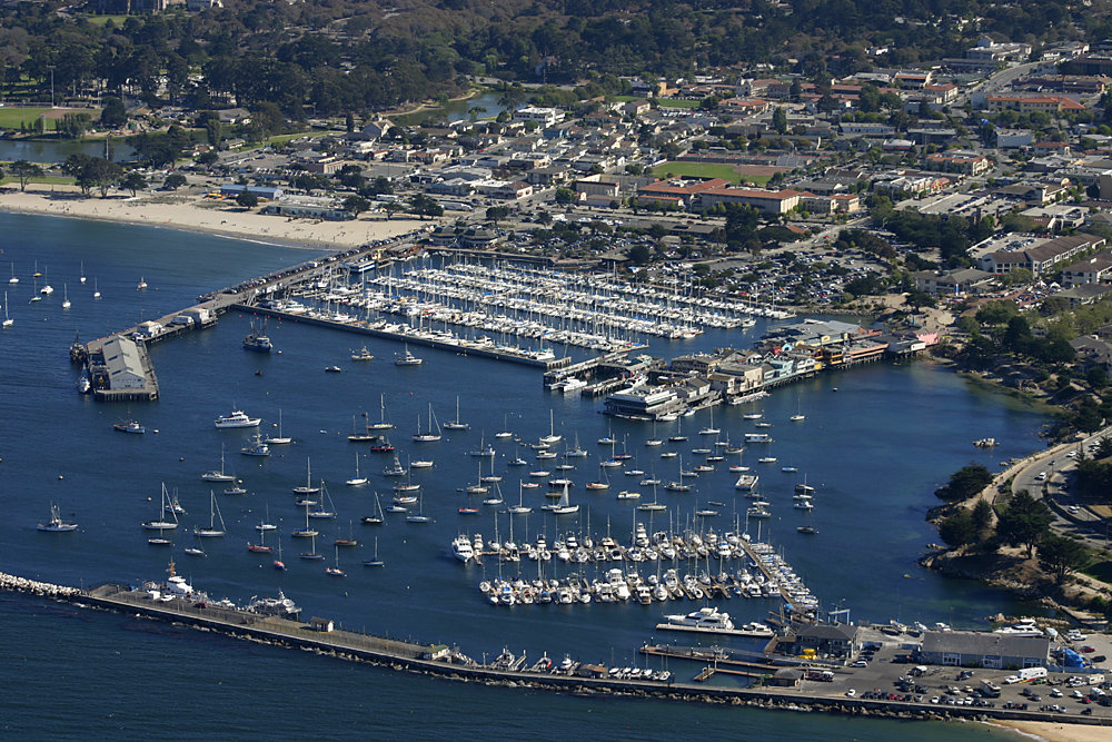 Monterey, CA: An aerial view of Old Fisherman's Wharf on Monterey Harbor