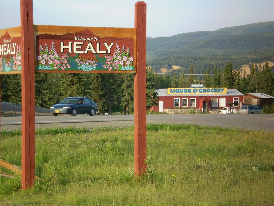 Healy, AK: town sign and grocer