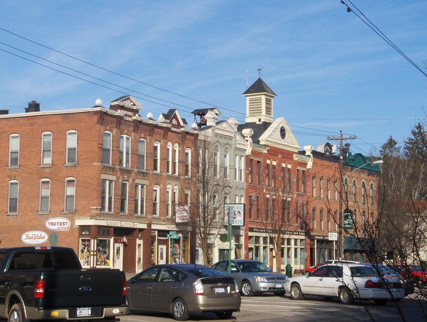 Greene, NY: marvelous traditional town block, with a clock that chimes the hours