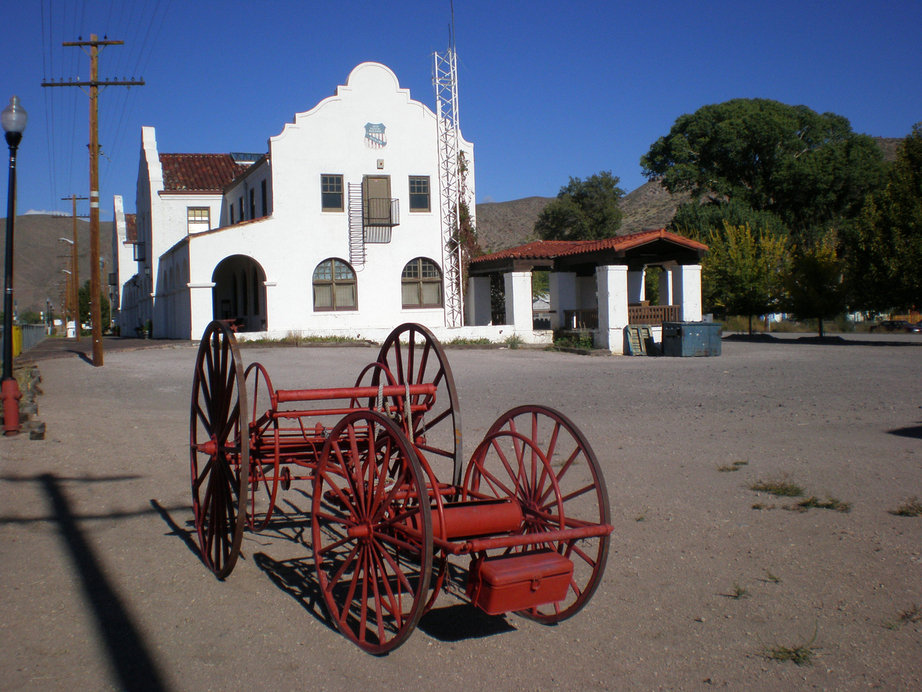 Caliente, NV: railroad station and red wagon of caliente