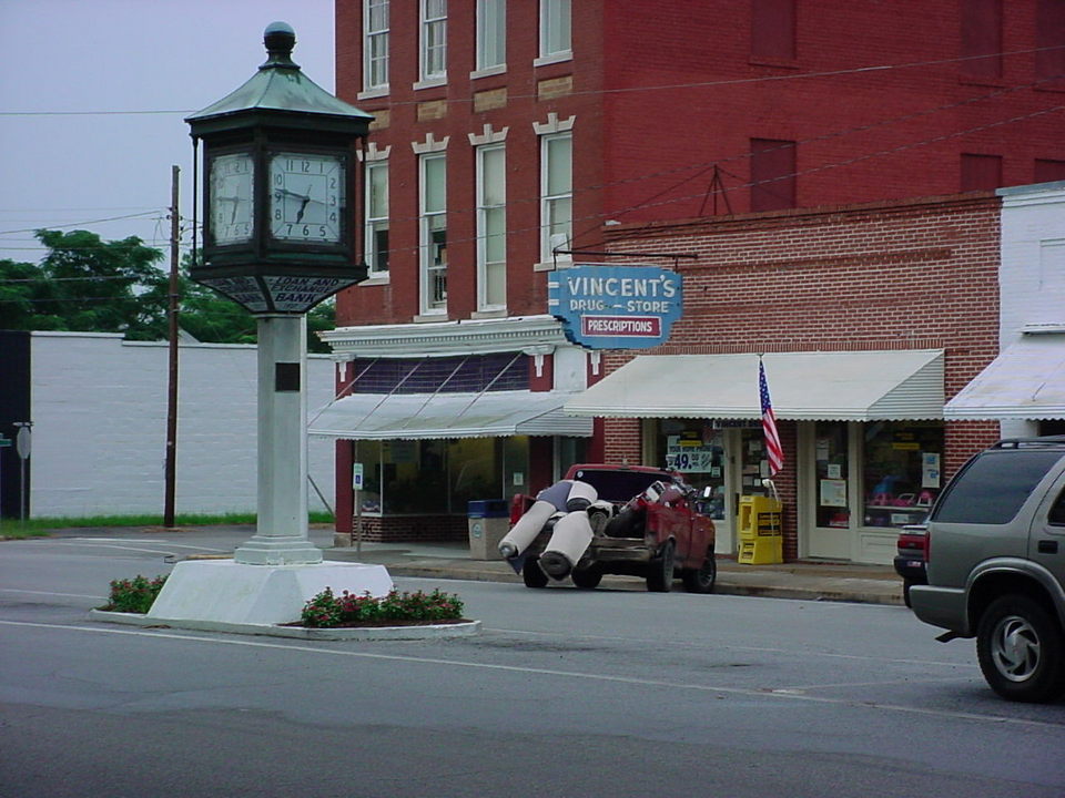 Hampton, SC: Downtown Hampton: the clock and Vincent's Drugstore.