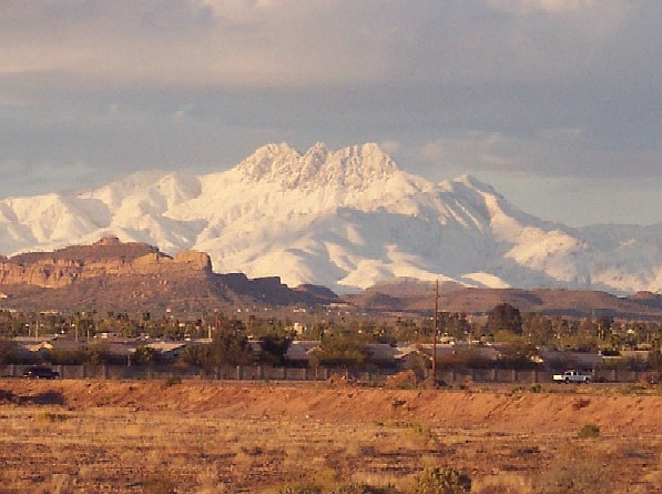 Apache Junction, AZ: Apache Jct with Four Peaks in the background with snow.