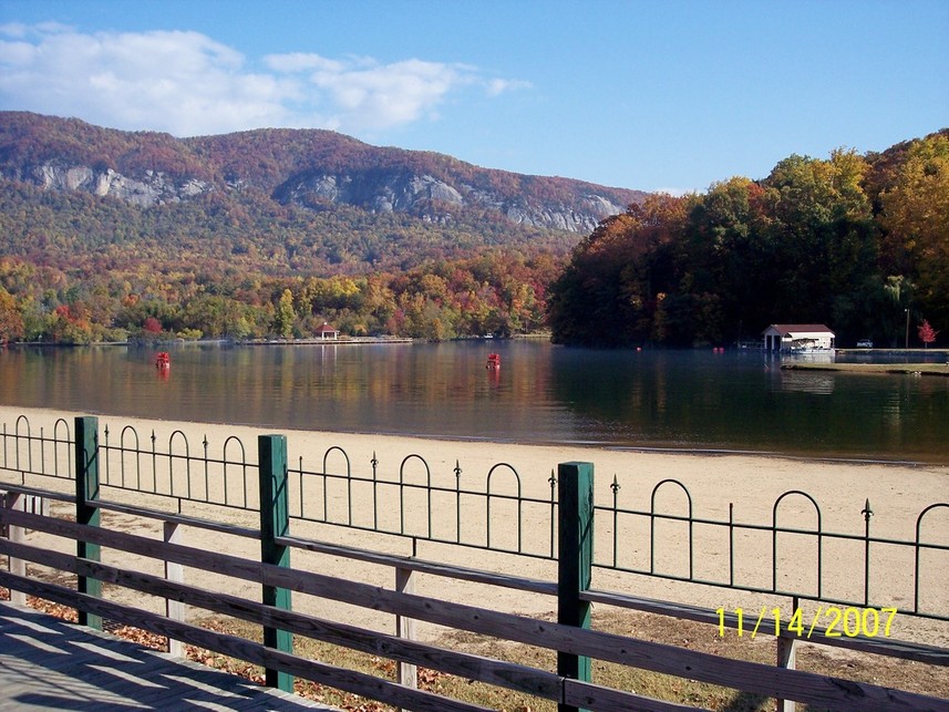 Lake Lure, NC fall folliage at the beach at Lake Lure photo, picture