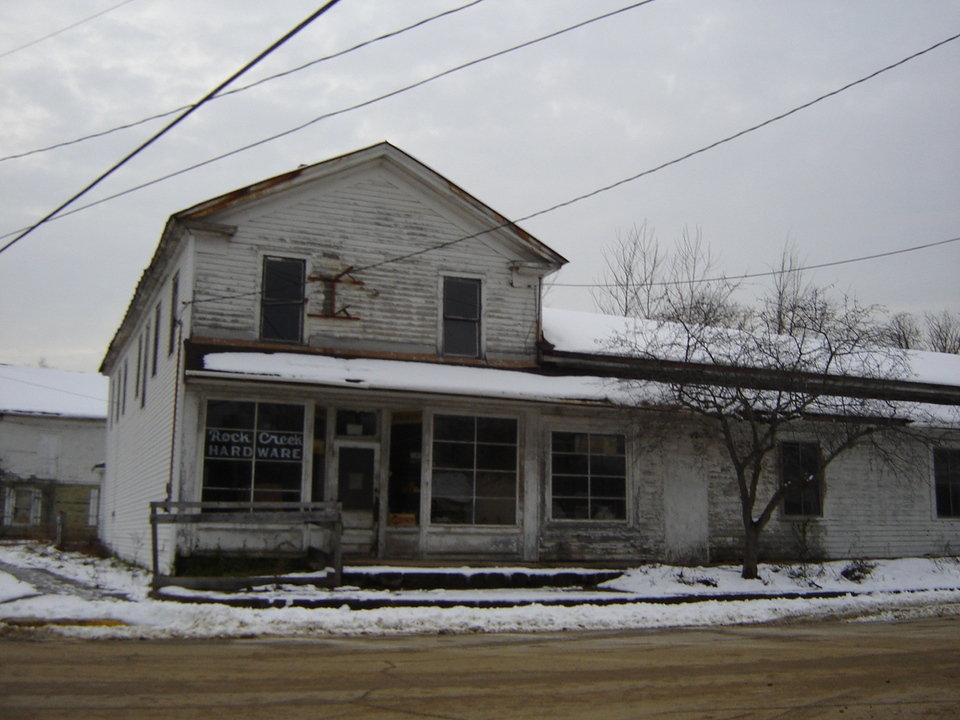 Rock Creek, OH: The Rock Creek Hardware Store in the winter of 2006. A historic building at the corner of Main and Water Streets.
