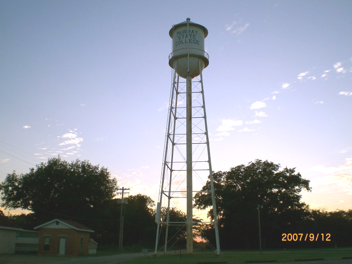 Tishomingo, OK: Murray State College Water Tower at Dusk