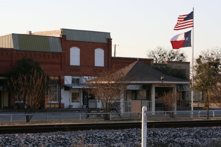 Palmer, TX: Main Street Palmer, gazeebo, and railroad tracks.
