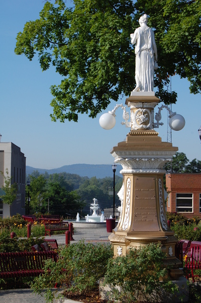 McMinnville, TN: From the Courhouse looking south past the statue and fountain to the mountains