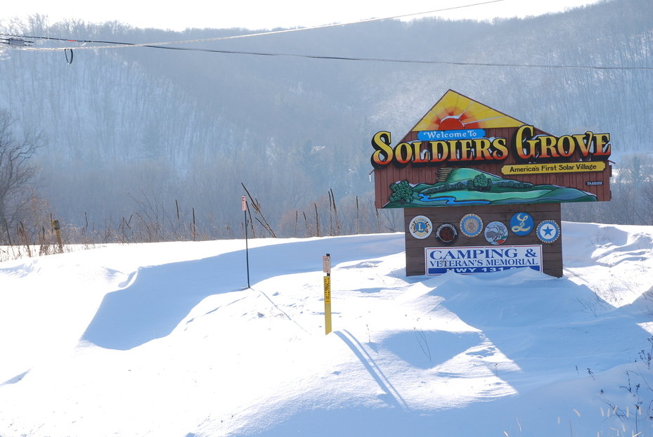 Soldiers Grove, WI: Solar town sign snow drifts