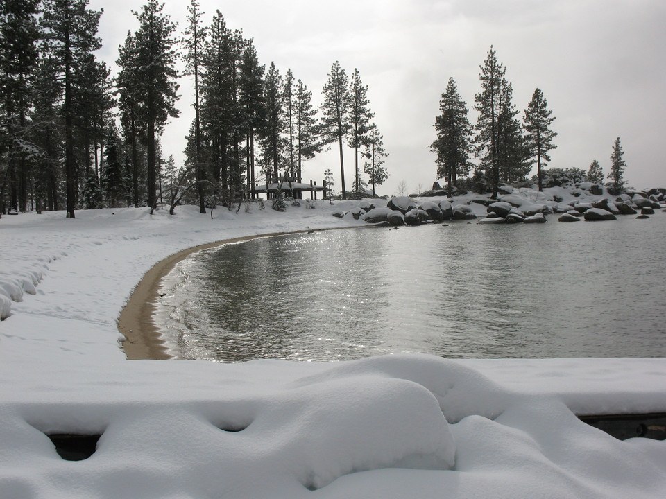Lake Tahoe, CA: On the beach at Sand Harbor. This is global warming?