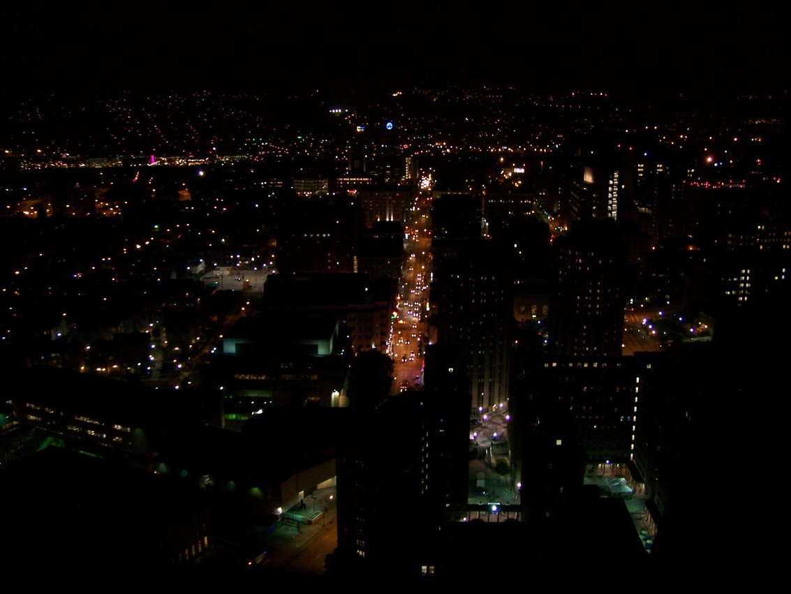 Oakland, PA: Oakland at night. Taken from the Cathedral of Learning. Forbes avenue runs down the center of the photo.