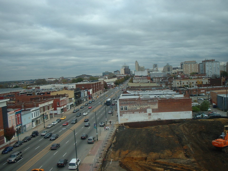 Richmond, VA: From VCU's Broad St. Parking deck looking toward downtown Richmond. Ramz Hall's site (site of a large fire in 3/2004) is in the foreground. We are facing East.