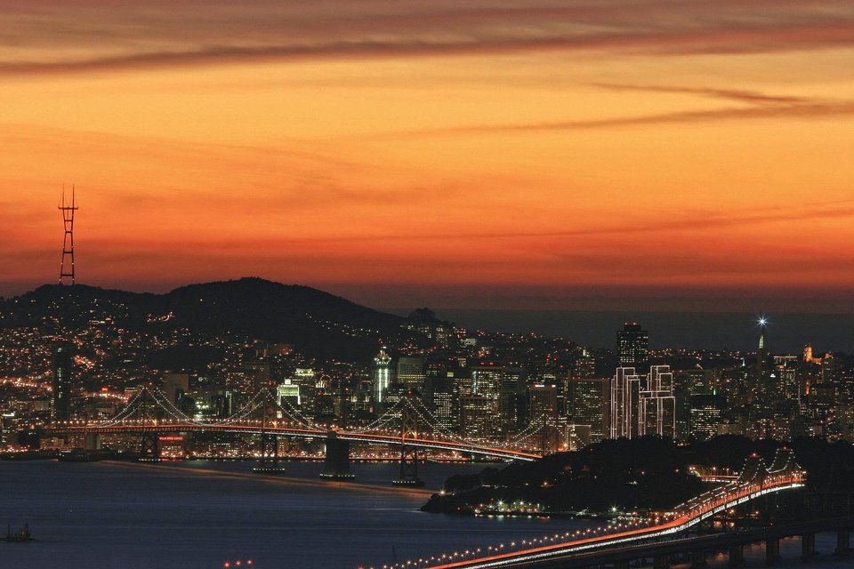 San Francisco, CA: An evening view of San Francisco from the Berkeley/Oakland hills, directly above the Caldecott Tunnel.