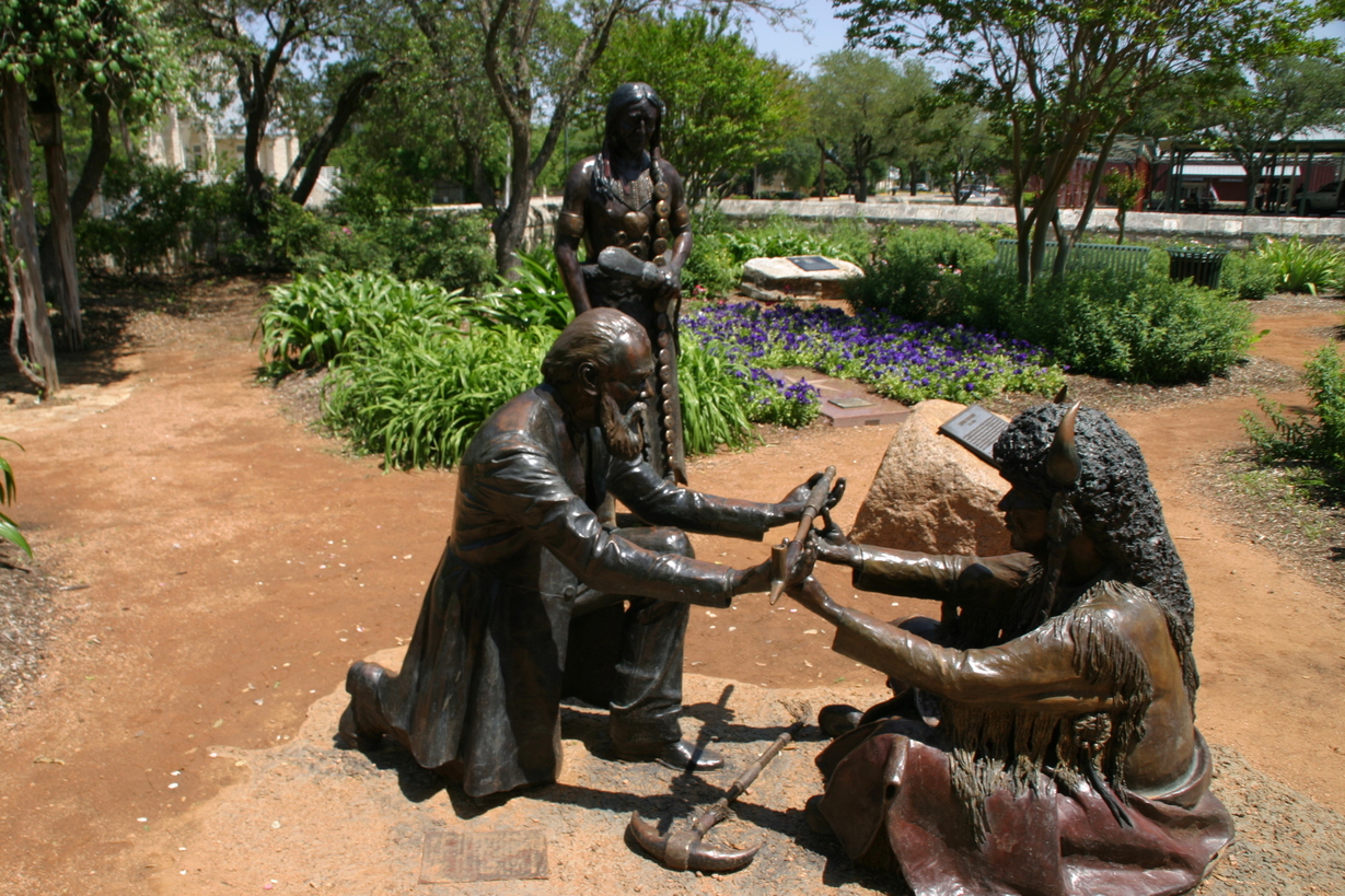 Fredericksburg, TX: Statue at Peace Garden, commemorating peace treaty between settler John Meusebach and the Comanche Indians, the only treaty to have never been broken.