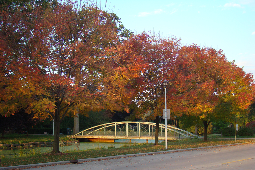 Fond du Lac, WI: Autumn colors looking over a bridge in Lakeside Park