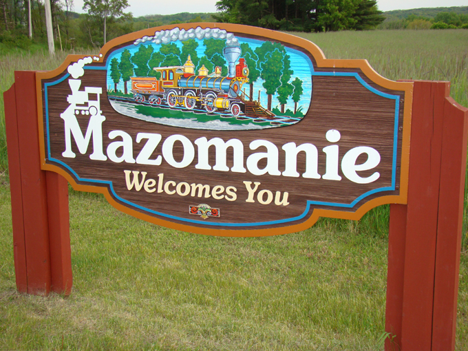 Mazomanie, WI: Welcome Sign on corner of Hwy Y and Handel Road