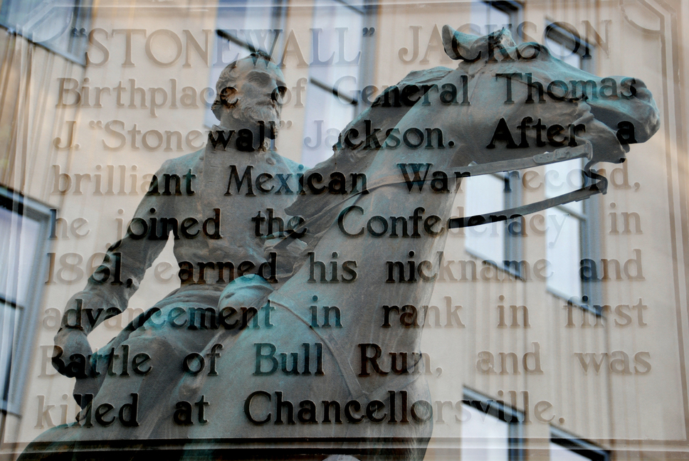 Clarksburg, WV: Stonewall Jackson- Multiple exposure of statue and plaque with information