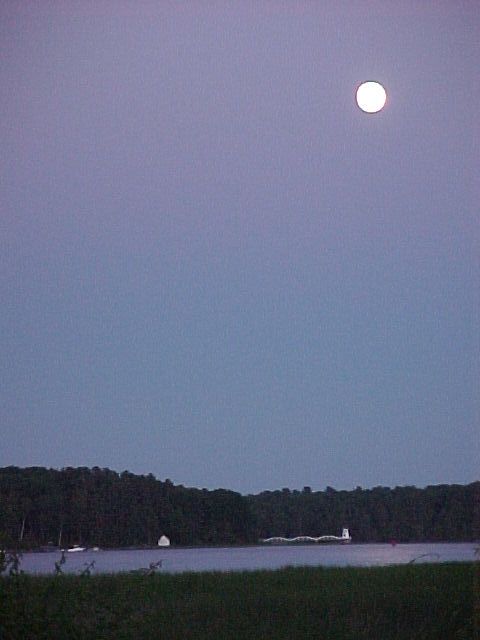 Bath, ME: Moon over the Kennebec River & Lighthouse At Doubling's Point, Bath, Maine