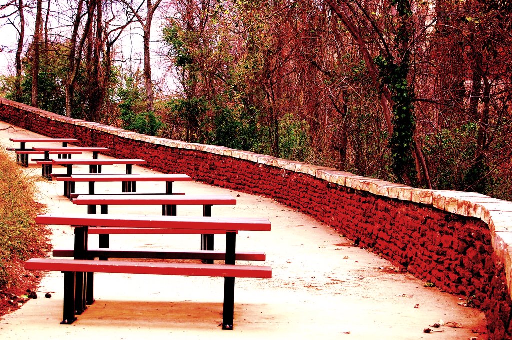 Birmingham, AL: Colorful picnic tables at Vulcan Park