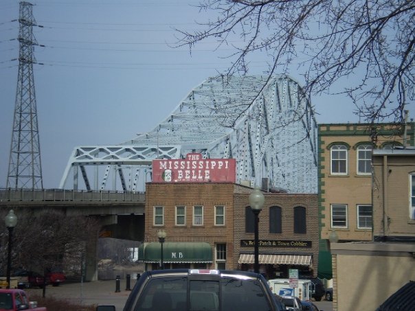 Hastings, MN: A landmark bridge over the Mississippi and the "Mississippi Belle" Italian Restaurant. (Hastings, MN)