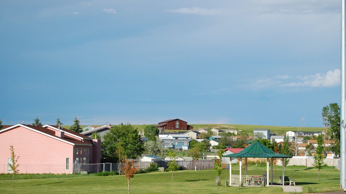 Wright, WY neighborhood (the dark brown building on the hill is