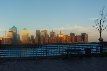 New York, NY: Manhatten skyline at sunset from the Jersey side of the Hudson