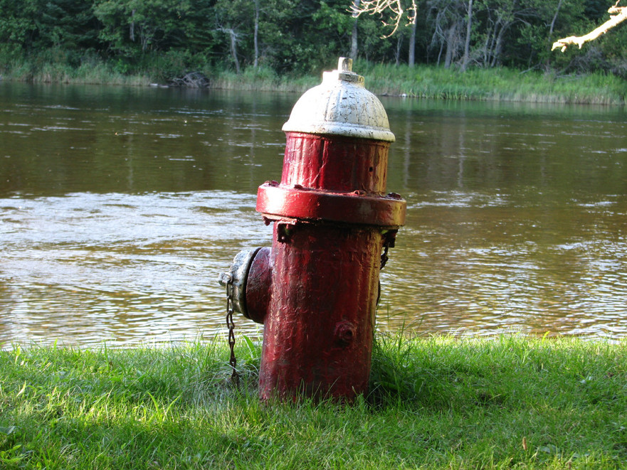 Mio, MI: Fire plug on river front.