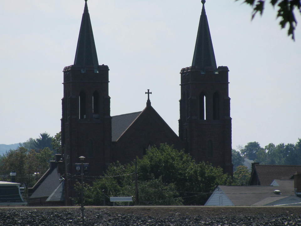 Lock Haven, PA: View of Catholic Church from Woodward Park Side of the river
