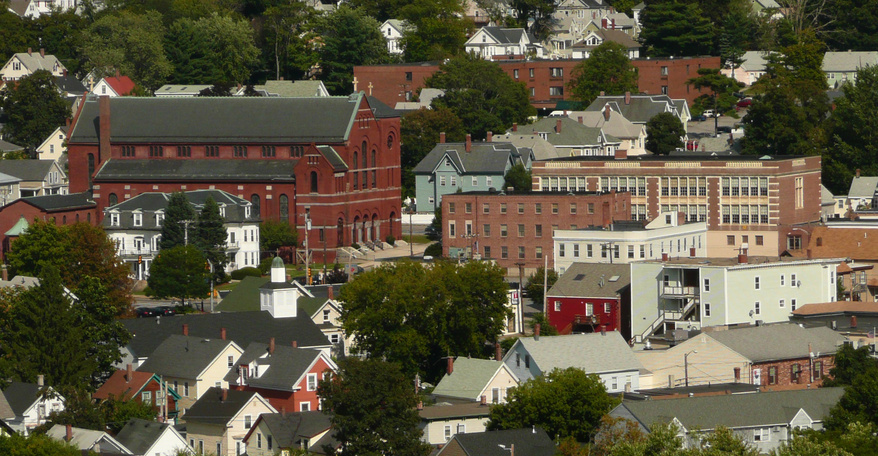 Lowell, MA: St Michaels Church & School from the Top of River Place
