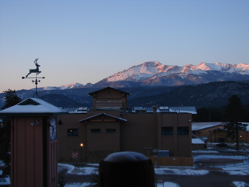 Woodland Park, CO: Looking over Woodland Park Library at Pikes Peak on early April morning