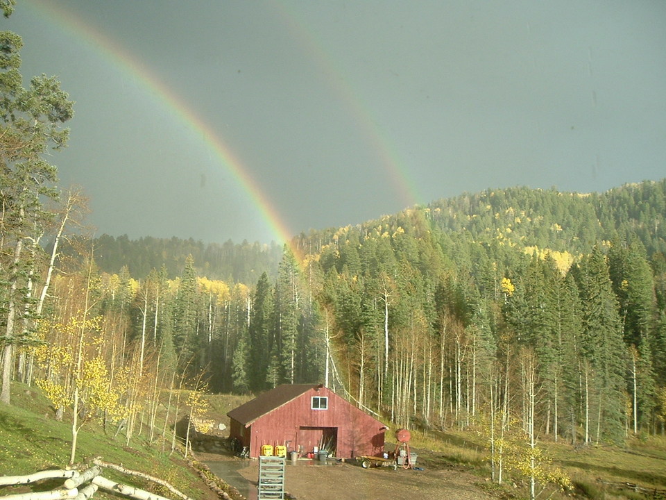 Durango, CO: Double rainbow over barn near Lemon Lake