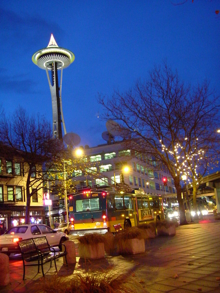 Seattle, WA: Space Needle at Christmas from Denny & 5th