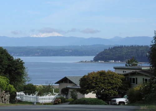 Clinton, WA: view of Hat island Saratoga Passage and Mt. Baker from Clinton