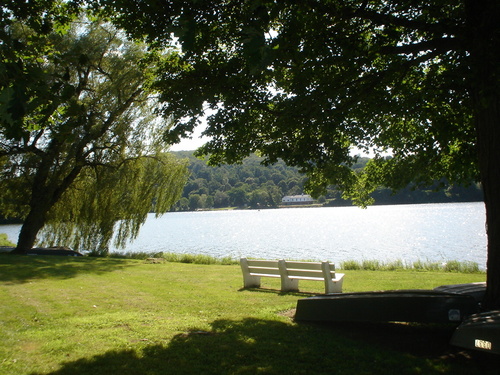 Lake Carmel, NY: Looking across the lake to the Old Firehouse - New Arts Center