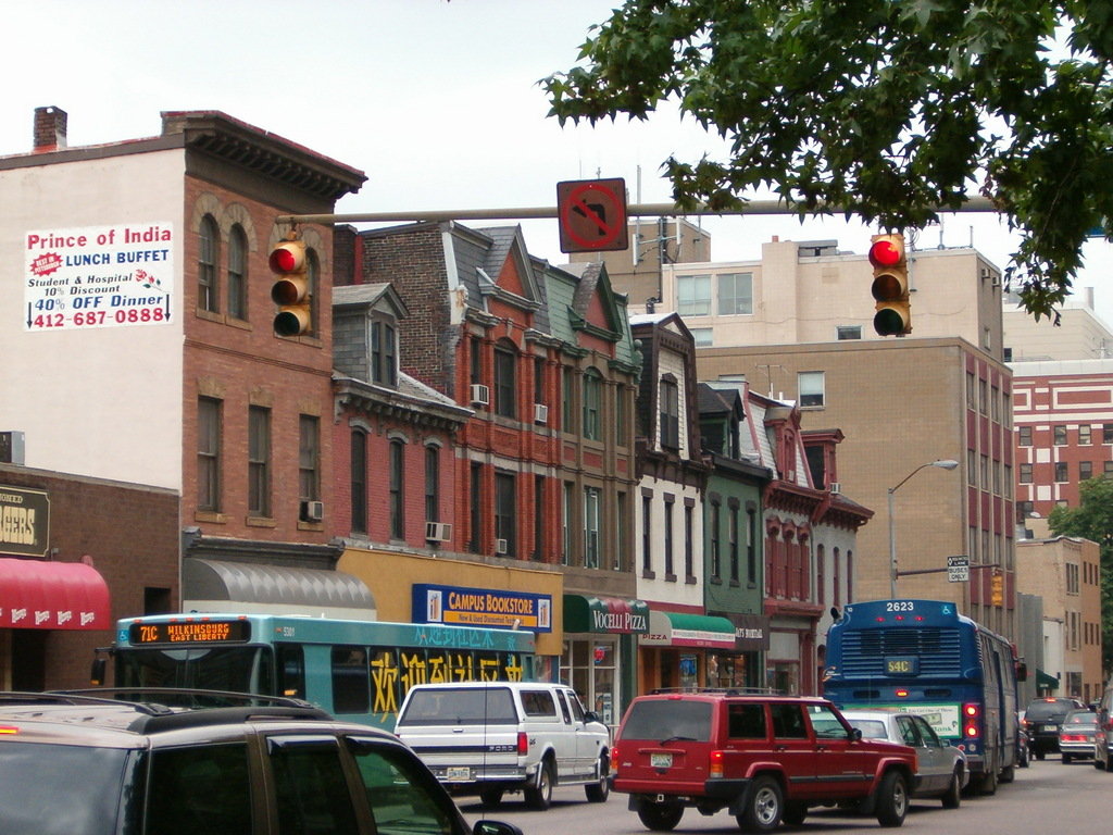 Pittsburgh, PA: Oakland neighborhood of Pittsburgh, along Fifth Avenue, looking SW, at Meyran Ave