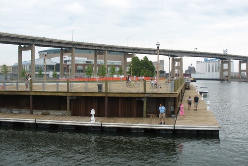 Buffalo, NY: A View of HSBC Arena from "The Central Wharf" at the redug "Erie Canal Harbor" Buffalo,NY