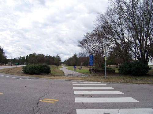 Pelion, SC: A linear park in Pelion, South Carolina, looking SSW between Railroad Avenue and Main Street (SC-215, SC-302). Presumably this once was a train station or at least train tracks. The wiggly path seems to be designed to reduce the starkness of the view, and perhaps to prevent cars from easily using it. Shot taken January 7th, 2009.