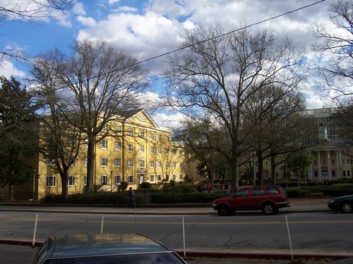 Columbia, SC: A view of the Women's Quadrangle of the University of South Carolina. The building catching the sunlight is Wade Hampton (#119), a residence hall for first-year female students. To its right and less visible, with columns and a cupola, is Sims (#120), which is also a 1st-year gal's dorm. Picture taken from Greene Street on January 8th, 2009.