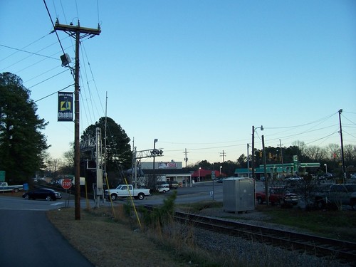 Chapin, SC: The northern end of Amicks Ferry Road as it crosses the CSX tracks that run through Chapin, South Carolina. The townfolk seem fond of pickup trucks. Taken from Columbia Ave looking SE towards a commercial stretch of Chapin Road on January 17th, 2009.