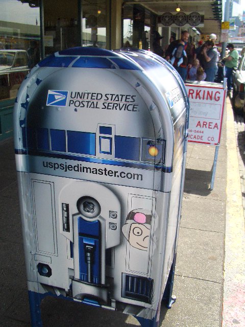 Seattle, WA: R2D2 mailbox with first Starbucks store in background - Pike Place Market