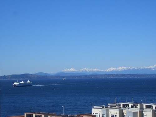 Seattle, WA: Puget Sound, Olympic Mountains, WA State ferry, Olympic Mountains - from apartment in Pike Place Market