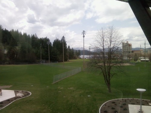 Coeur d, ID: From the new public Library overlooking McEuen Field, Tubbs Hill and the Resort in the distance.