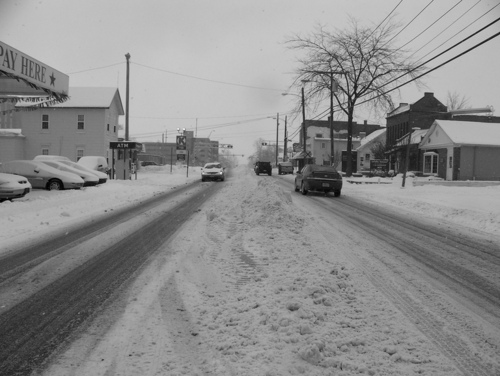 Bowling Green, OH: A slow Saturday afternoon on Wooster Street after a snow storm.