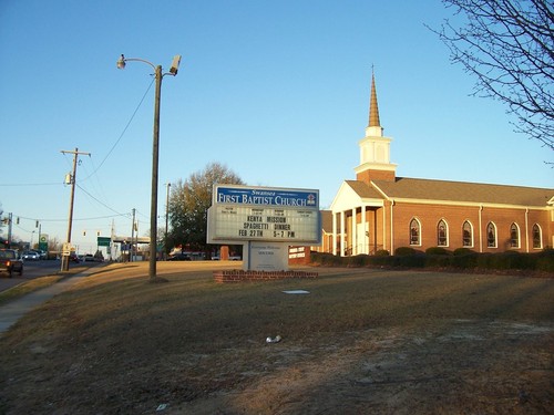 Swansea, SC: Swansea Baptist Church at 145 S Church Street, Swansea, South Carolina. The street, also US-321, is named after this church. Picture is looking north more or less, and was taken on January 30th, 2009.