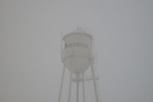 Verndale, MN: The Verndale water tower, taken during the first blizzard of the winter of 08-09. This picture was taken from my back door.