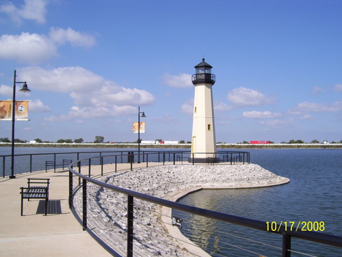 Rockwall, TX: LIGHT HOUSE AT PIER, WITH DALLAS 1-30 TRAFFIC IN DISTANCE