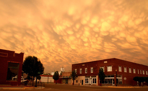 Hooker, OK: Mammatus clouds over downtown Hooker, Oklahoma in 2008